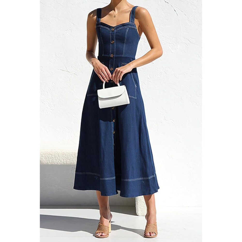 Women's Denim Midi Dress Adjustable Straps Sleeveless Button Down Casual - Picture 6 of 6